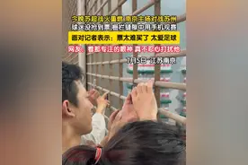 7月5日，江苏南京。今晚苏超战火重燃，南京主场对战苏州。球迷没抢到票，栅栏缝隙中用手机观赛，面对记者表示：票太难买了，太爱足球。看他专注的眼神，真不忍心打扰他。（记者：赵荆威）