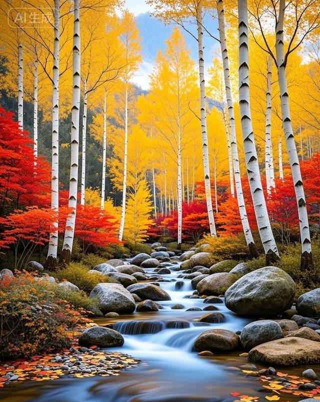 当白桦林染上金黄，红枫点燃溪岸，秋叶与石共织治愈秋景