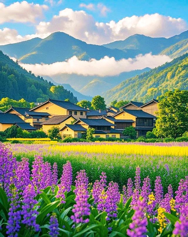紫色花海、彩色花田、村庄、青山、蓝天，太治愈了