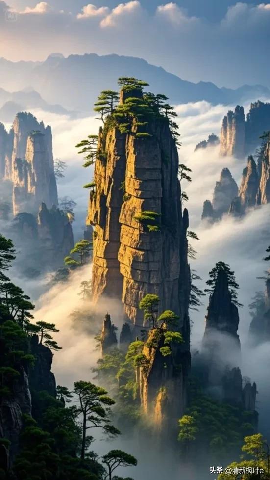 在云雾缭绕的奇幻之境，张家界悬浮山宛如超脱尘世的仙岛傲然矗立