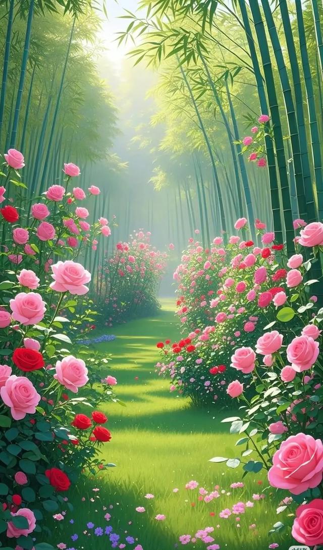 竹林遇见娇艳的玫瑰，自然之美惊艳了时光