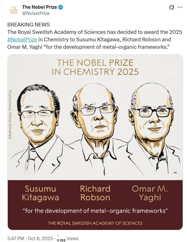 2025年诺贝尔化学奖揭晓！