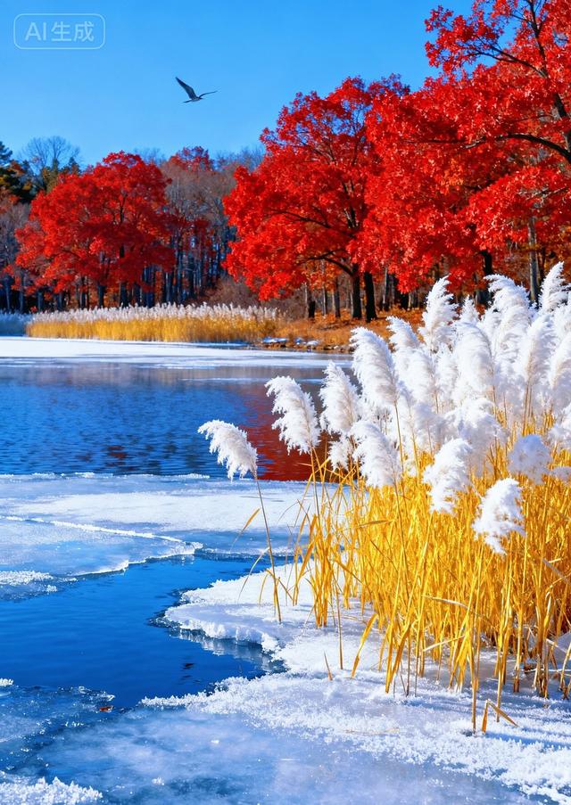 半冻冰湖映枫红，白芦摇霜，藏着秋冬交替的诗意