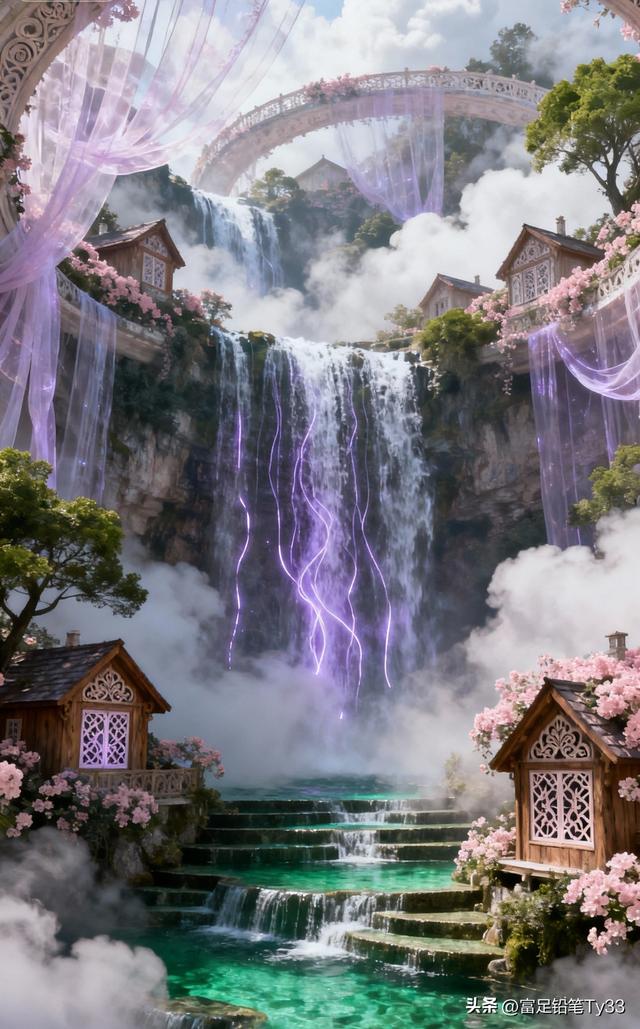 梦幻仙境，瀑布飞流，花海环绕，如梦如幻！🌸💦🏰