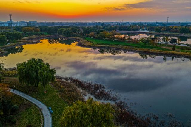 晚霞映照下的宁阳洸河湿地公园
