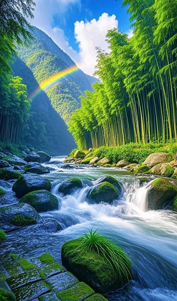 走进翠绿竹林，邂逅潺潺溪流与梦幻彩虹 ，心都被这方天地治愈啦~