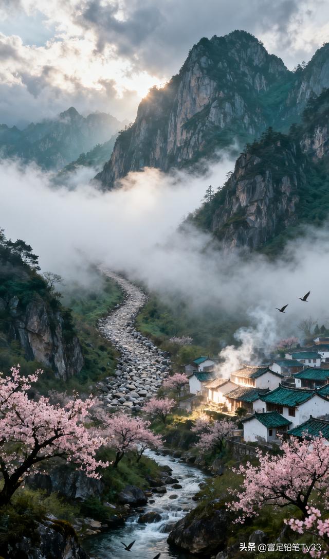 云雾缭绕的世外桃源，粉嫩樱花映衬古村落，仙境般的宁静与美丽！