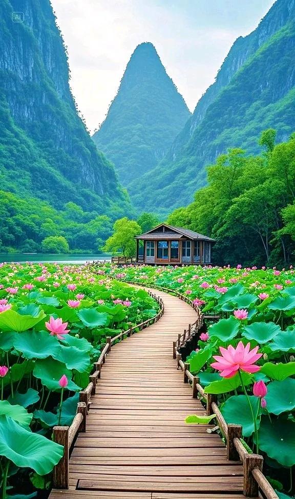 青山碧水间，荷花盛放，来赴一场自然之约