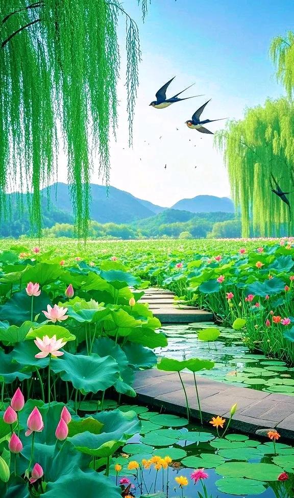 荷叶卷绿浪，荷花映远山，景色太美了！