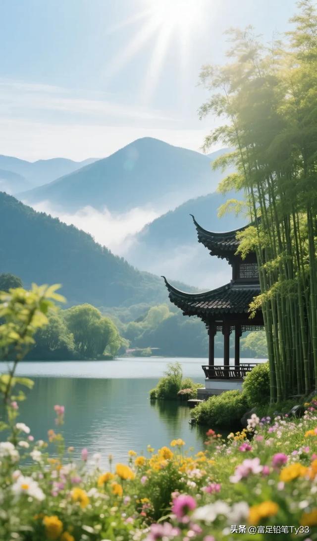 静谧湖畔，古风亭台，花海映日，人间仙境！