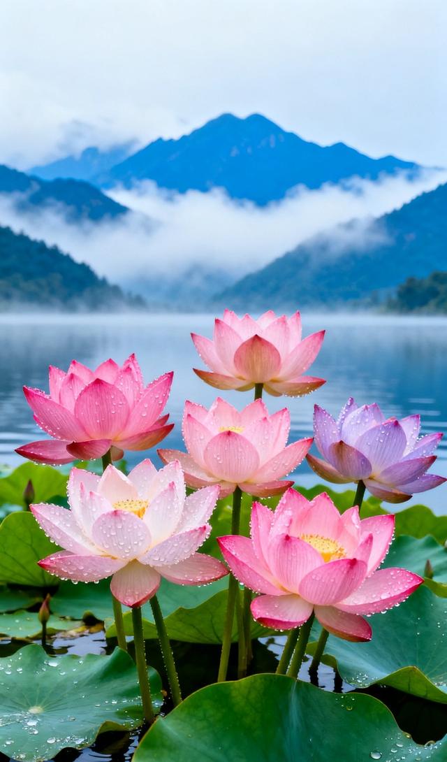远山云雾、澄澈湖水，粉紫荷花带露，翠荷叶，景致醉美