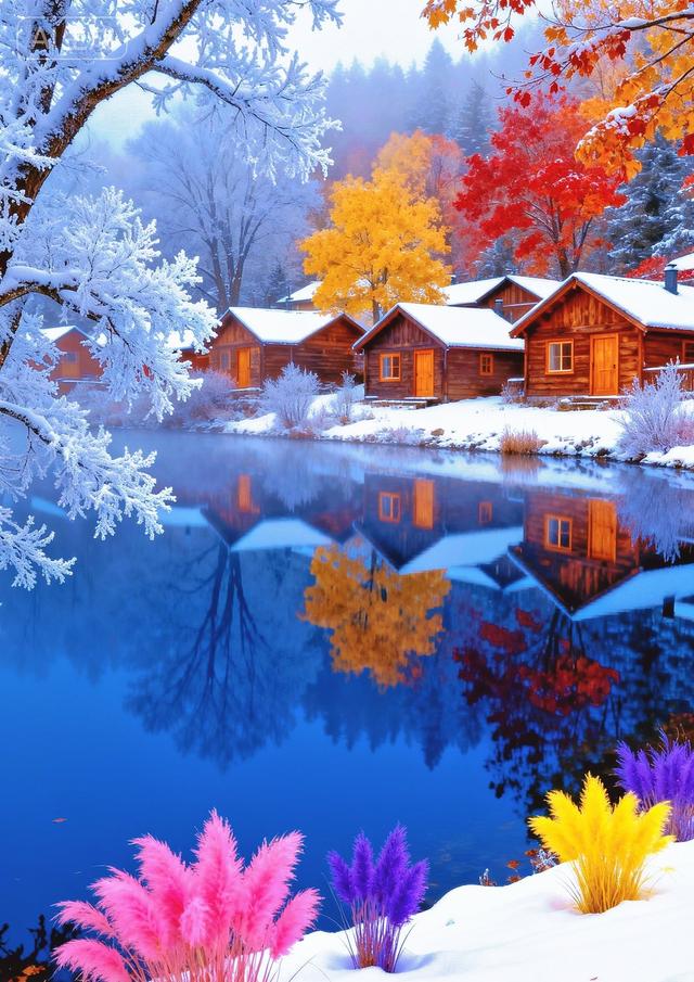 雾凇裹枝，湖映彩林，粉黄紫草绽于雪间，秋冬撞色绘仙境