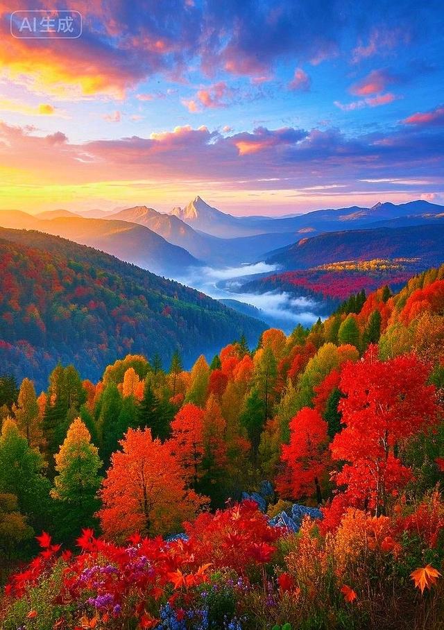 峰隐云间，秋林尽染