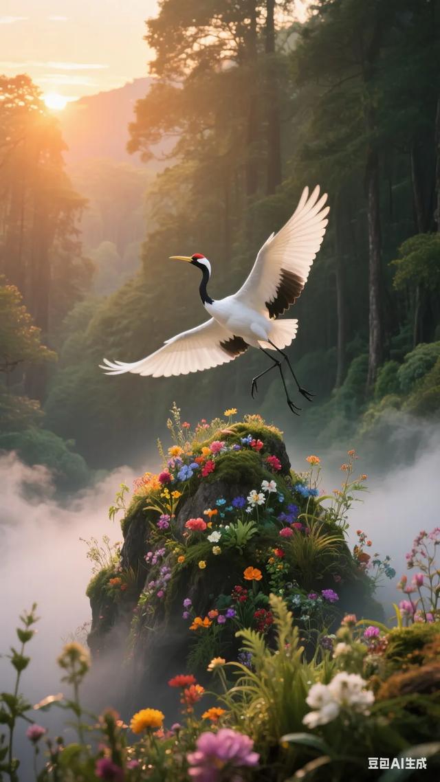 仙鹤舞花田：邂逅唯美自然奇景