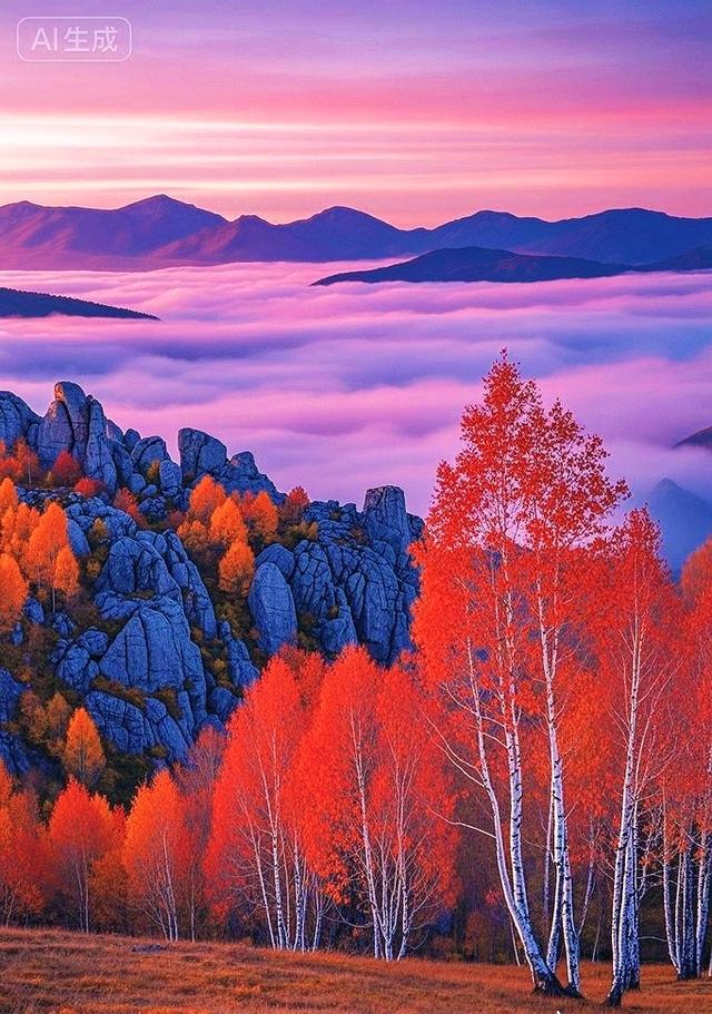 红花桦拥秋阳，奇峰入抱云海阔，山河美景任徜徉