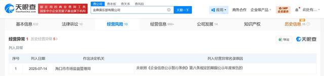 马云等持股的金鼎俱乐部公司经营异常