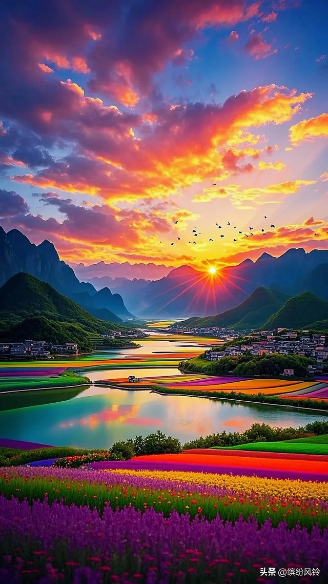 霞光似梦幻锦缎，晕染了天际