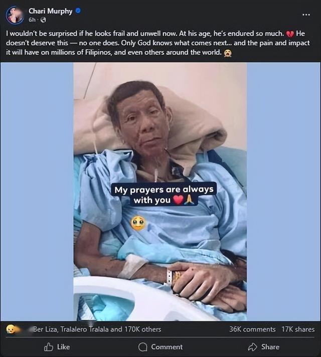 杜特尔特已瘦成皮包骨，曾经的铁腕总统境况凄惨，整个人奄奄一息