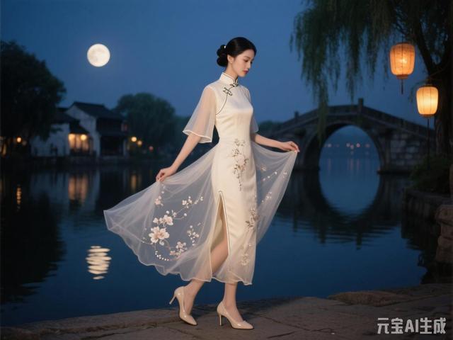 米白色梦幻旗袍美女图片鉴赏（末尾附ai提示词）