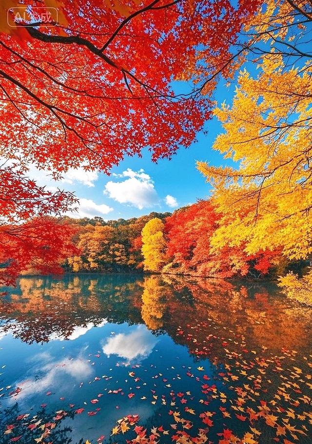 一湖秋韵：红金枫影落清波