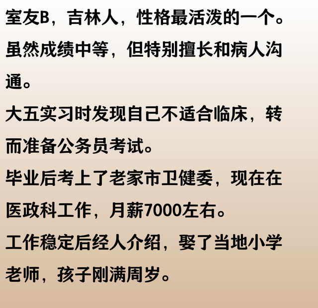 北华大学，临床医学专业，同宿舍4人毕业6年后的就业去向？