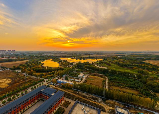 晚霞映照下的宁阳洸河湿地公园