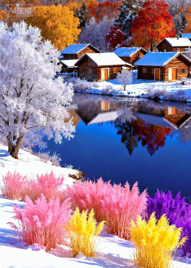 雾凇裹枝，湖映彩林，粉黄紫草绽于雪间，秋冬撞色绘仙境