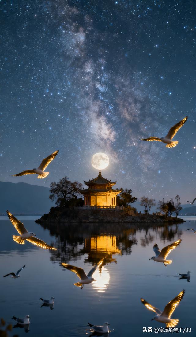 月光下的湖畔古塔，星河璀璨，宁静如画！