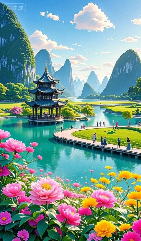 峰翠湖明亭立，花裹晴光，这景美透了