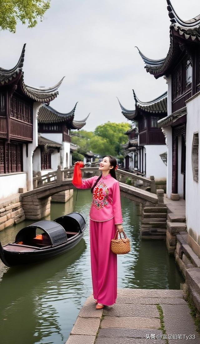 古桥邂逅：粉裙少女与江南水乡的诗意相逢！