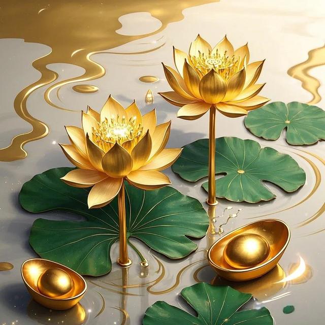 金色莲花与元宝‖财富与好运