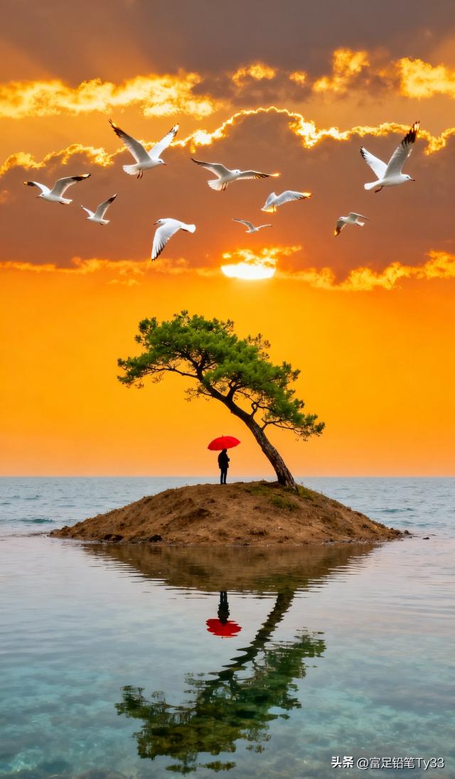 “海边孤树下的浪漫日落，撑伞人儿静享时光！”