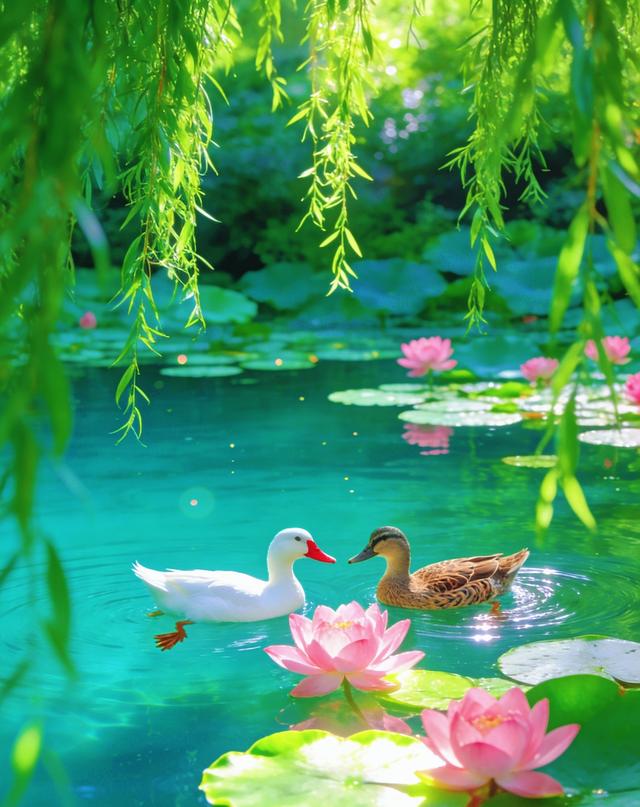 柳丝垂落映碧水，粉荷双鸭相映趣，这荷塘景色也太好看了吧！