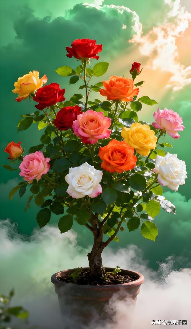 花盆里长出三色玫瑰，粉色红色白色同枝绽放	，我惊呆了