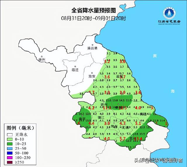 江苏！本轮高温中心已确定，明天9月1号天气预报，高温分布如下