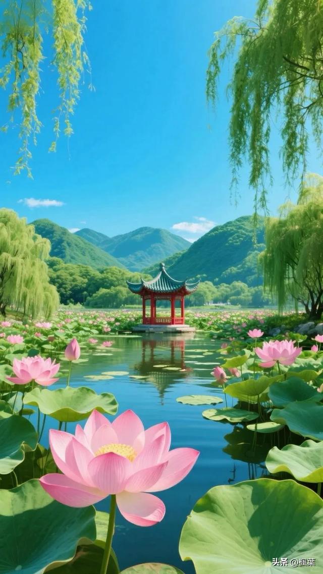 满塘盛开着粉嫩的荷花，宽大翠绿的莲叶层层叠叠，尽显生机与美丽