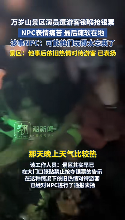 “男游客突然从背后对工作人员锁喉、捂嘴，将其摁倒在地，其他游客哄抢”，河南万岁山武侠城回应
