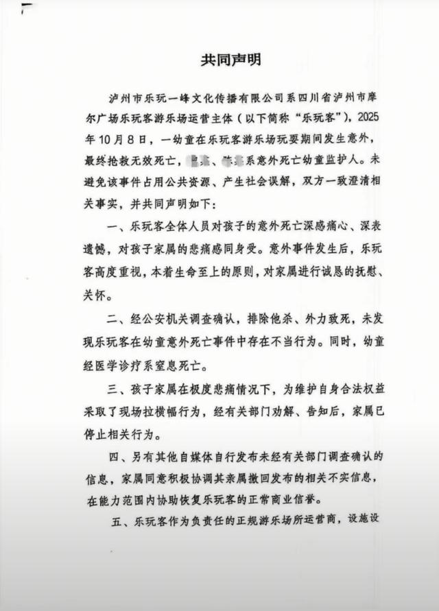 一幼童在游乐场窒息死亡，园方声明：玩耍期间突发意外，排除他杀外力致死