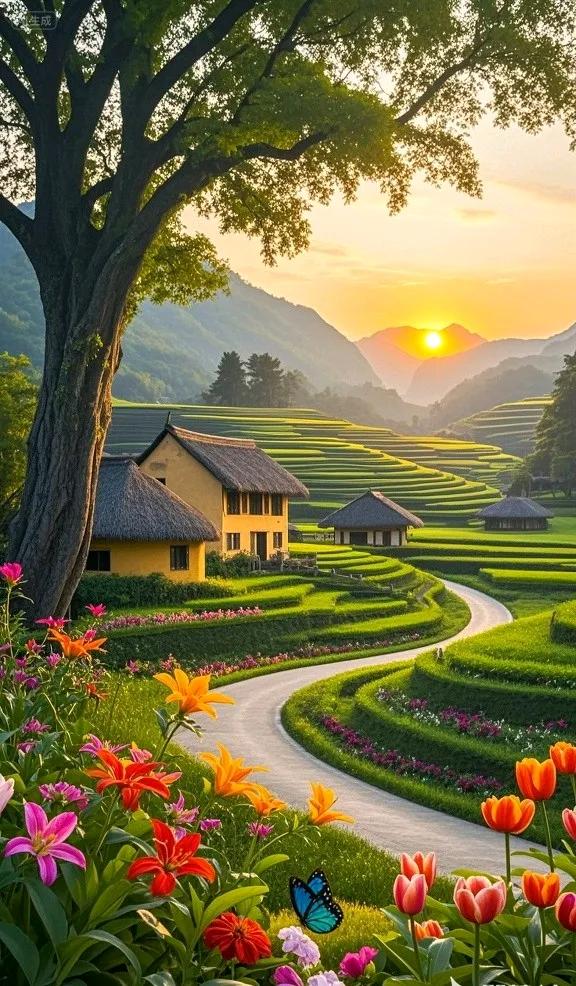 古村卧花海，梯田连远山，美成田园诗画