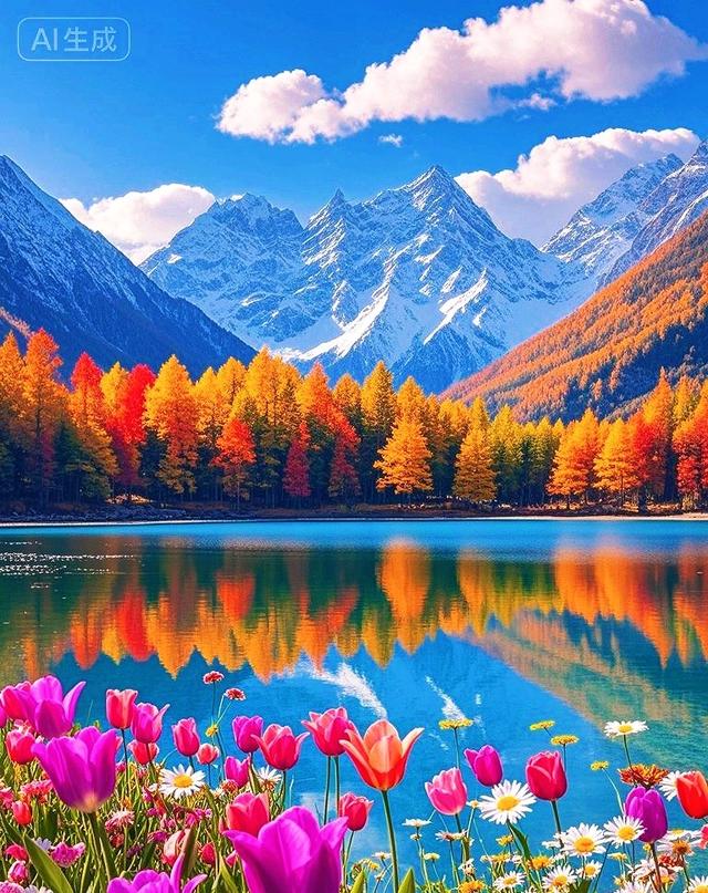 雪山遇见秋林花海，天地间的色彩狂欢