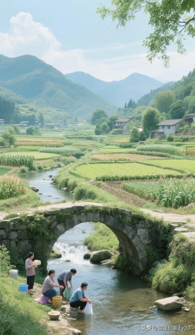 田园诗意生活，石桥下的小溪边，乡亲们忙碌着，享受着自然的美好