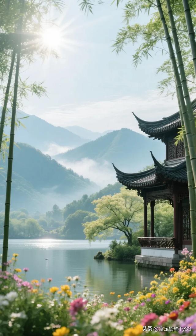 静谧湖畔，古风亭台，花海映日，人间仙境！