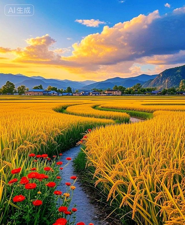 稻黄胜金，花红若霞，小径蜿蜒处，乡居藏尽秋的温柔