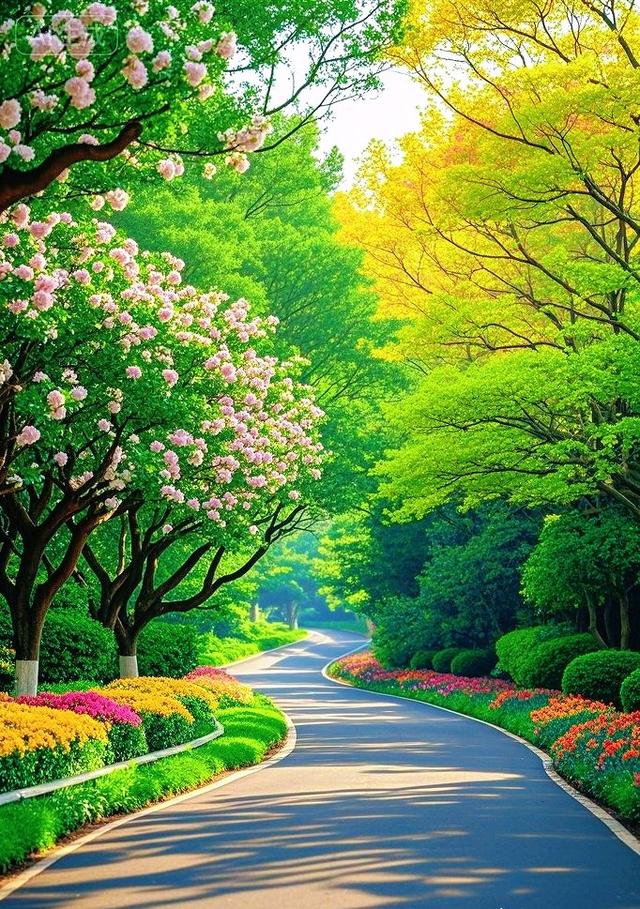 花簇缠林，彩枝垂径，弯路上光影织就满目斑斓画境