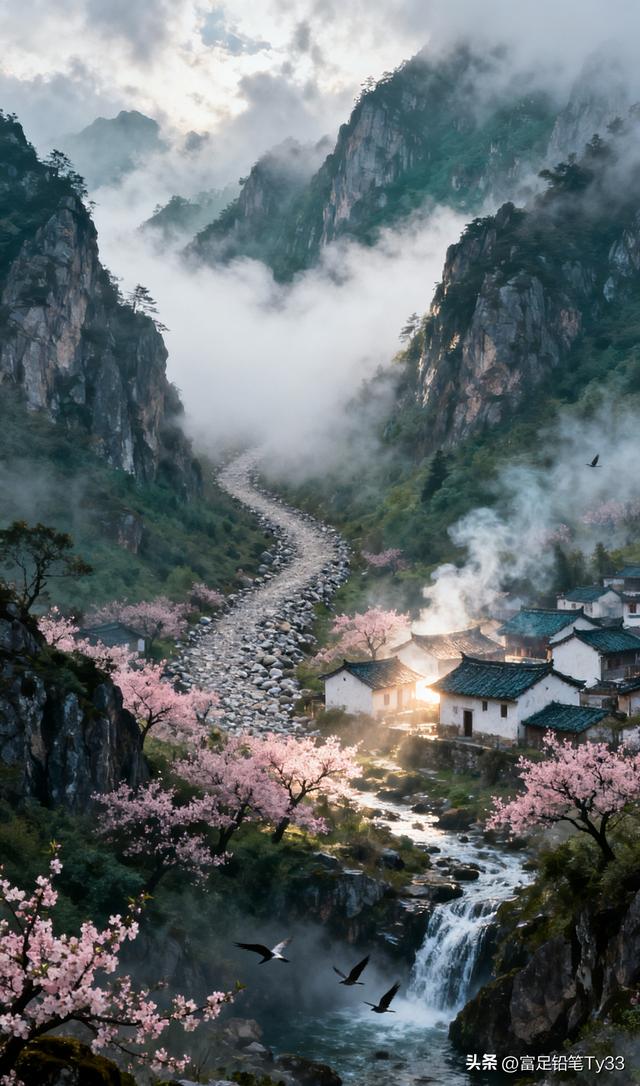 云雾缭绕的世外桃源，粉嫩樱花映衬古村落，仙境般的宁静与美丽！