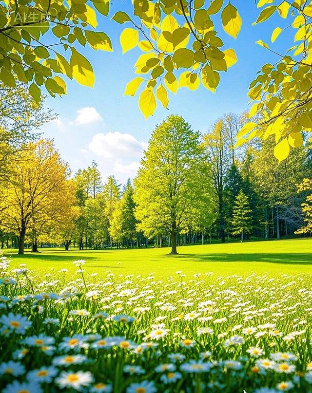 金黄树林、雏菊绿草衬蓝天，这片秋景，超治愈~