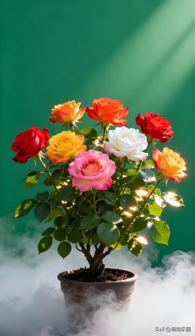 花盆里长出三色玫瑰，粉色红色白色同枝绽放	，我惊呆了