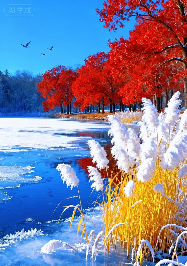 半冻冰湖映枫红，白芦摇霜，藏着秋冬交替的诗意