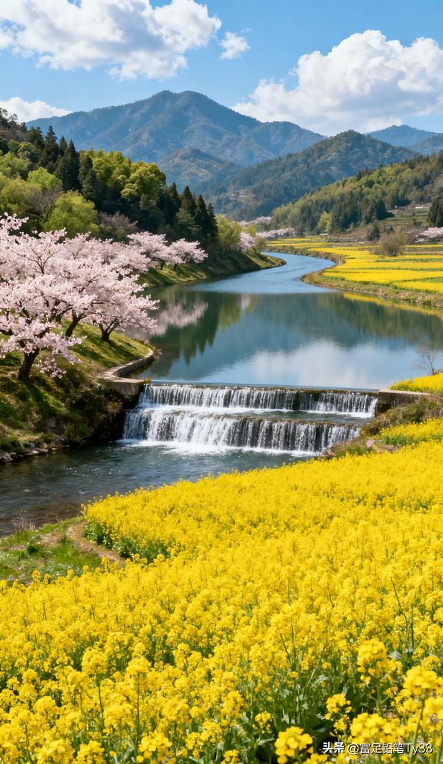 田园铺锦春光灿，花海翻波草色鲜，风拂柳丝摇梦幻斑斓春色醉心间