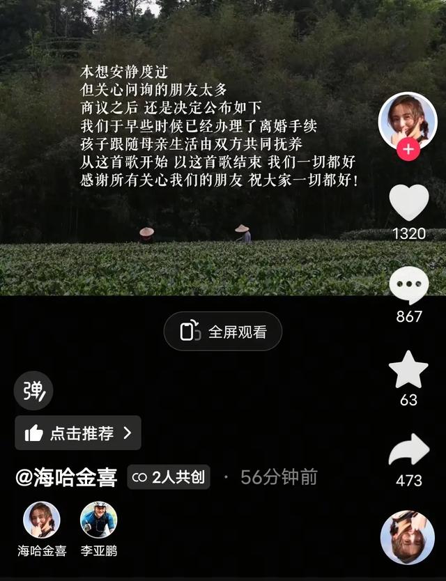 李亚鹏官宣离婚，3岁女儿跟妈妈生活，海哈金喜多次透露经济困难